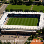 21 July 2017, Tilburg, Holland. Aerial view of soccer arena Koning Willem II Stadion of football club Willem 2. The logo of the team and the name King Side is visible on the tribune.